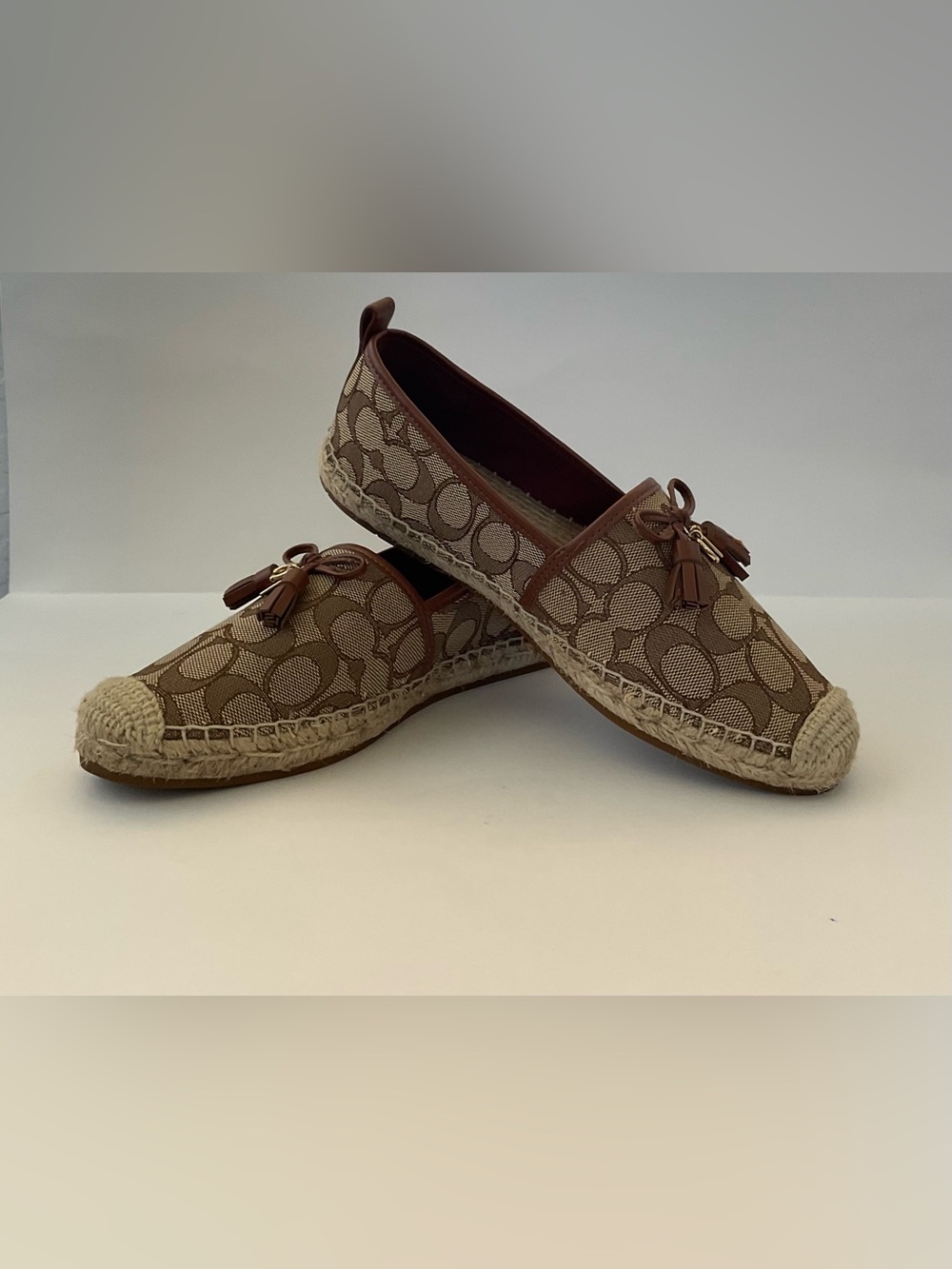 Coach Tan and Brown Signature Espadrille Flats with Tassels Size7